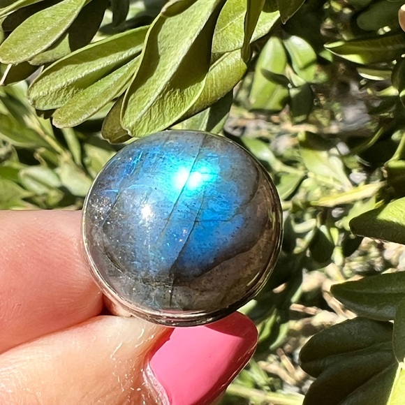 VINTAGE LARGE LABRADORITE CABOCHON RING 925 STERLING SILVER BLUE ETHEREAL GLOW